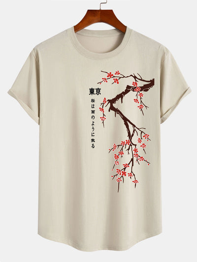 Kane® | Tokyo Japanese Cherry Blossoms Print Cotton Arc Hem T-Shirt