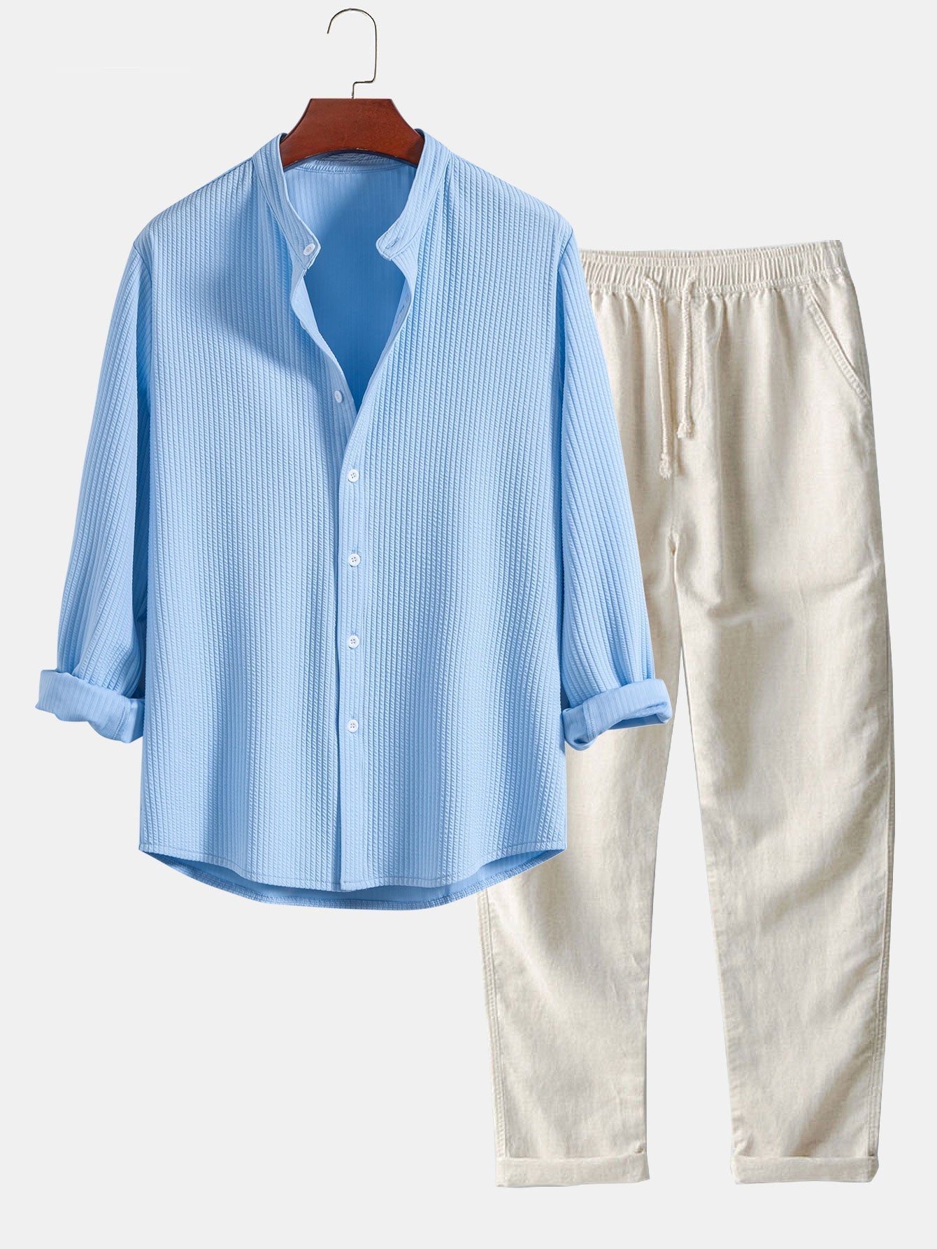 Donny® | Muscle Fit Ribbed Long Sleeved Shirt With Mandarin Collar & Straight Leg Linen Trousers