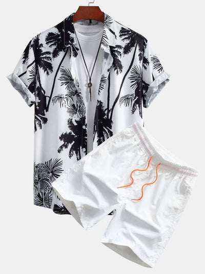 Adonia® | Palm Trees Print Button Up Shirt & Man Mid Length Drawstring Swim Shorts