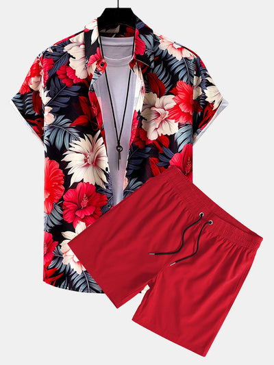 Hilario® | Tropical Flowers Print Button Up Shirt & Solid Drawstring Swim Shorts