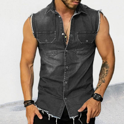 Men's Vine Washed Raw Edge Lapel Sleeveless DeniShirt