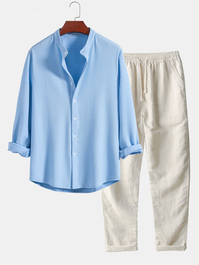Joris® | Ribbed Muscle Fit Long Sleeve Shirt With Mandar Collar & Straight Leg Linen Trousers