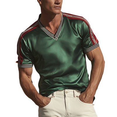 Dallas | Men'S Spring And Summer Fashion Casual Satin Contrast Color Splicing Ribbon V-Neck Short Sleeve T-Shirt