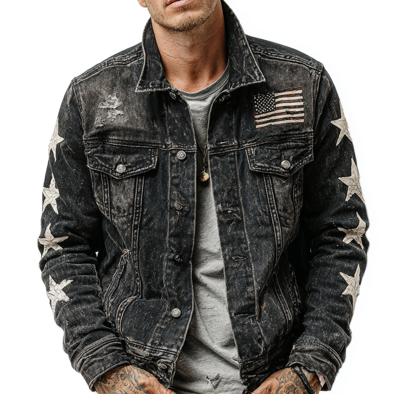 Karl | Men'S Washed Vintage Star Print Denim Jacket