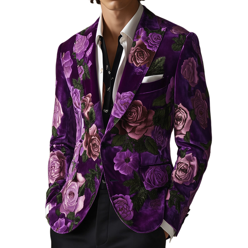 John | Men'S Vintage Velvet Large Flower Print Casual Single Breasted Blazer