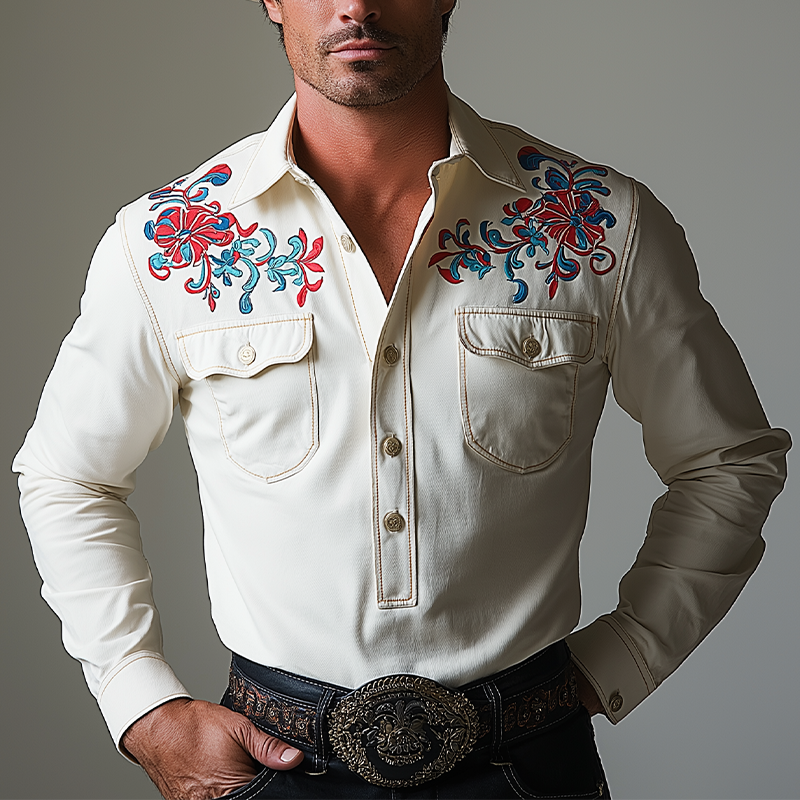 Simon | Men'S Simple Embroidered Cotton Long Sleeve Shirt
