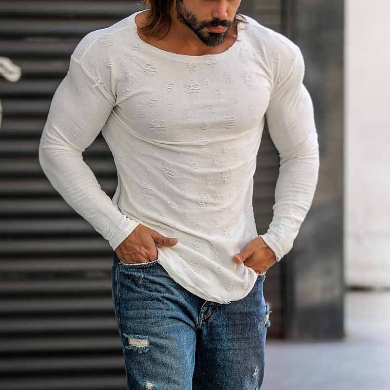 George | Men'S Casual Solid Color Ripped Long Sleeve T-Shirt