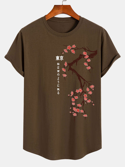 Kane® | Tokyo Japanese Cherry Blossoms Print Cotton Arc Hem T-Shirt