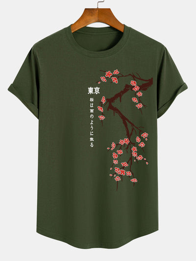 Kane® | Tokyo Japanese Cherry Blossoms Print Cotton Arc Hem T-Shirt