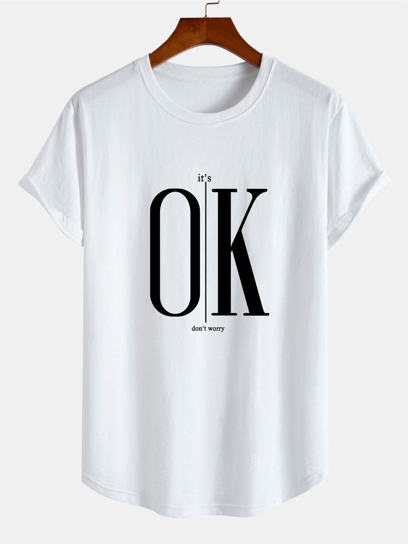 Brett® | Ok Slogan Print Cotton Arc Hem T-Shirt