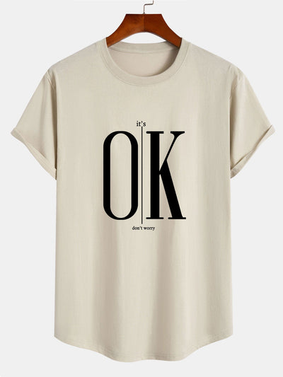 Brett® | Ok Slogan Print Cotton Arc Hem T-Shirt