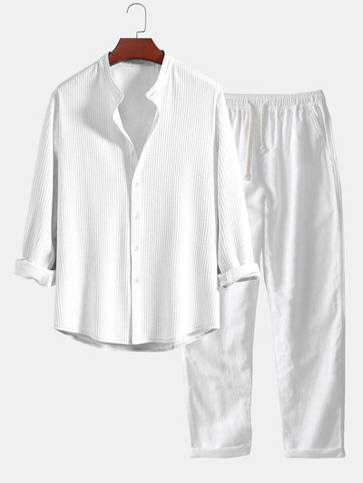 Donny® | Muscle Fit Ribbed Long Sleeved Shirt With Mandarin Collar & Straight Leg Linen Trousers