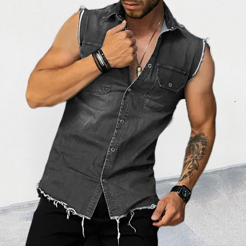 Men's Vine Washed Raw Edge Lapel Sleeveless DeniShirt
