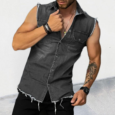 Men's Vine Washed Raw Edge Lapel Sleeveless DeniShirt