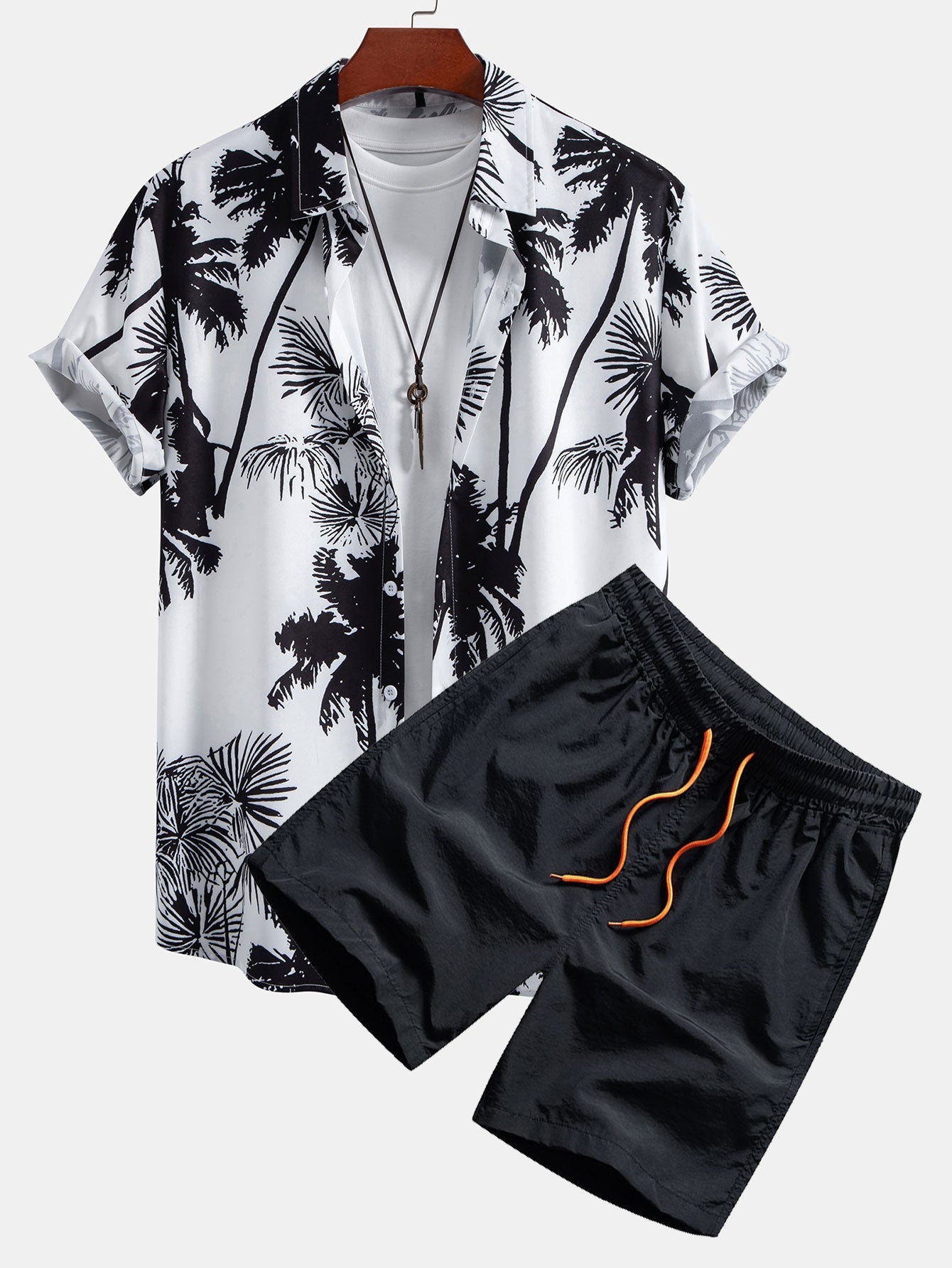 Adonia® | Palm Trees Print Button Up Shirt & Man Mid Length Drawstring Swim Shorts