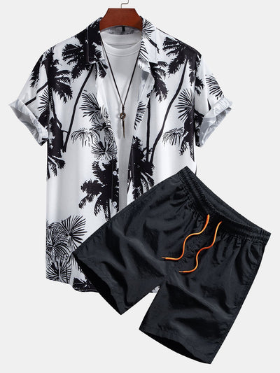 Adonia® | Palm Trees Print Button Up Shirt & Man Mid Length Drawstring Swim Shorts