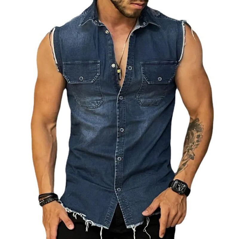 Men's Vine Washed Raw Edge Lapel Sleeveless DeniShirt