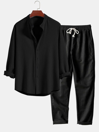 Donny® | Muscle Fit Ribbed Long Sleeved Shirt With Mandarin Collar & Straight Leg Linen Trousers