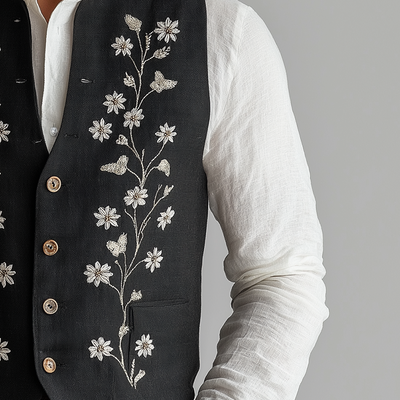 Philip | Men'S Summer Fashion Cotton And Linen Embroidered Suit Vest