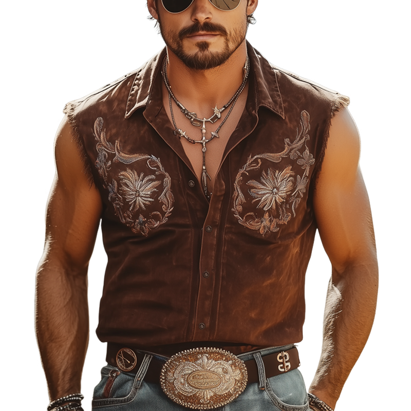 Matthew | Men'S Western Embroidered Denim Button Sleeveless Shirt