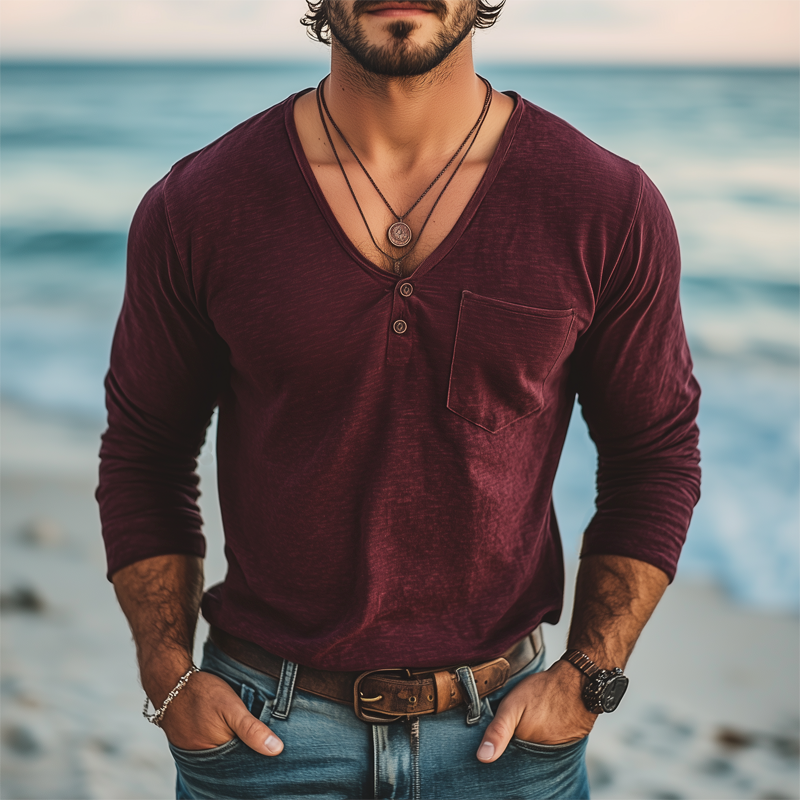 Marcelo | Men'S Basic Deep V Neck Cotton Solid Color Long Sleeve T-Shirt