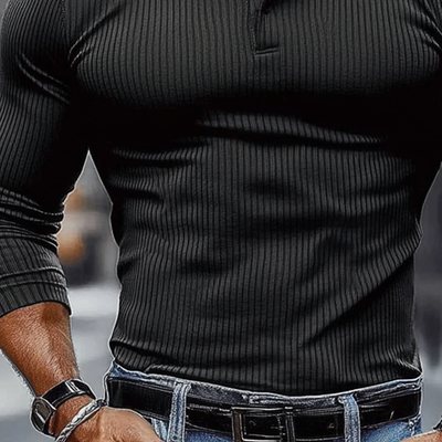 Men's Striped Textred Basic Elastic Long-sleeved POLO Shirt