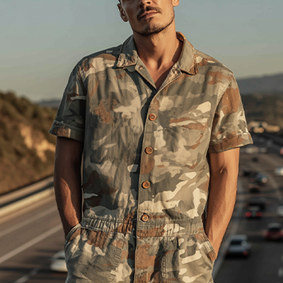 Wendell | Men'S Spring And Summer Fashion Casual Camouflage Cotton Blended Short Sleeve Shirt-Style Jumpsuit