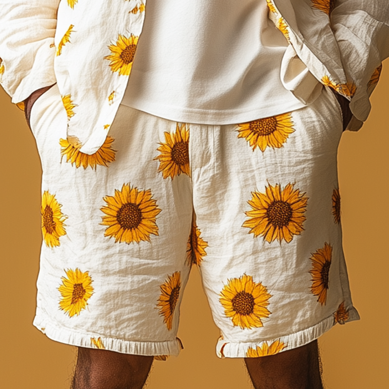 Benito | Men'S Summer Fashion Sunflower Printed Cotton And Linen Casual Shorts