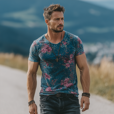 Harold | Men'S Retro Casual Rose Print Velvet Round Neck Short Sleeve T-Shirt