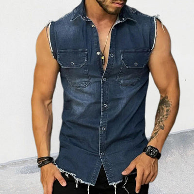 Men's Vine Washed Raw Edge Lapel Sleeveless DeniShirt