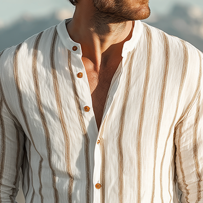 Vaughn | Men'S Spring And Summer Classic Casual Stand-Up Collar Tencel Cotton Blend Vertical Striped Long-Sleeved Shirt