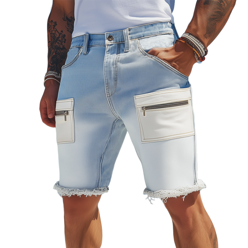 Virgil | Men'S Summer Fashion Washed Gradient Raw Edge Denim Shorts