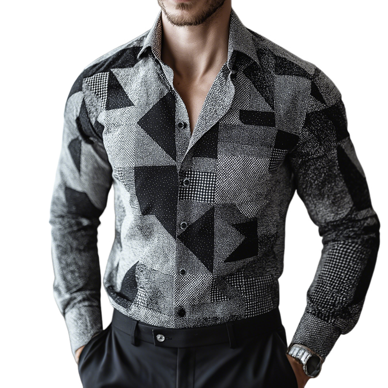 Andrew | Men'S Retro Casual Geometric Cycle Print Lapel Long Sleeve Shirt