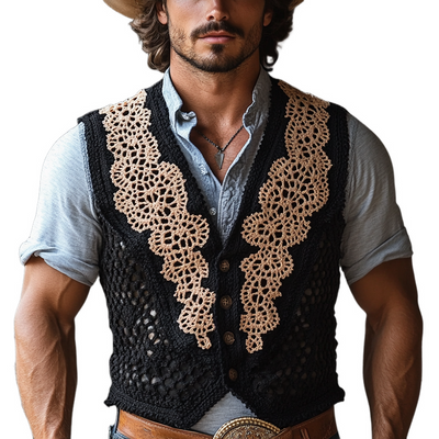 Michael | Men'S Western Crochet Colorblock Single Breasted Vest