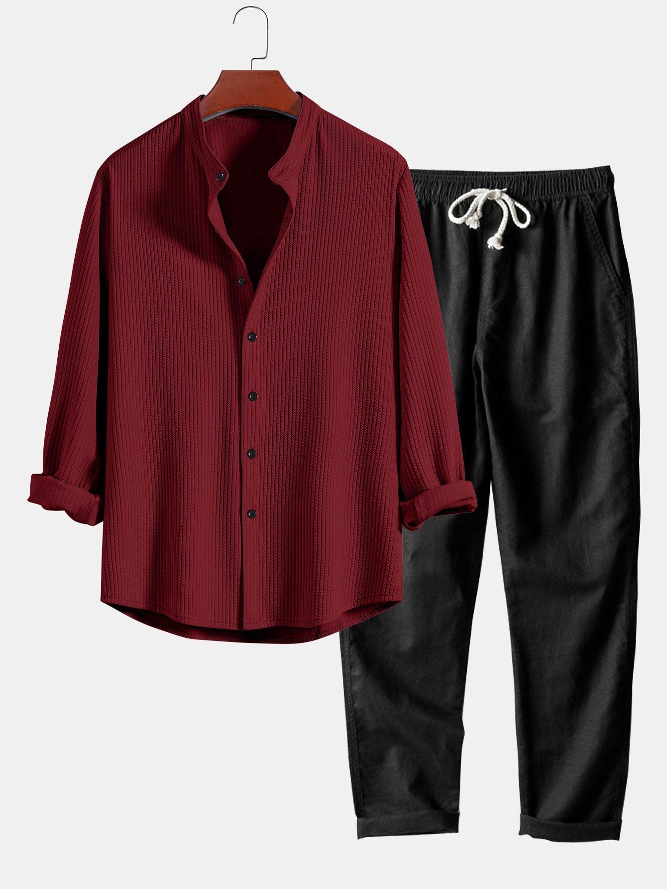 Donny® | Muscle Fit Ribbed Long Sleeved Shirt With Mandarin Collar & Straight Leg Linen Trousers