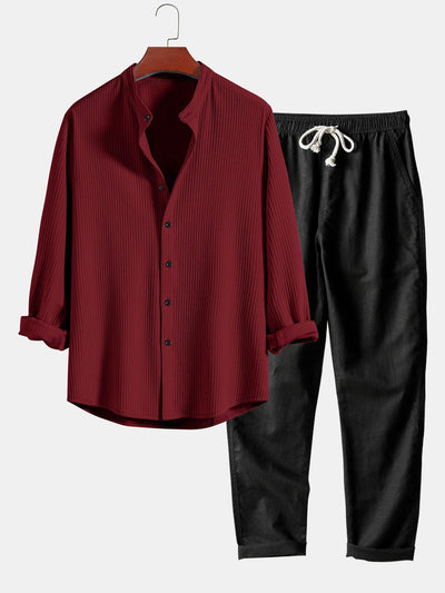 Joris® | Ribbed Muscle Fit Long Sleeve Shirt With Mandar Collar & Straight Leg Linen Trousers