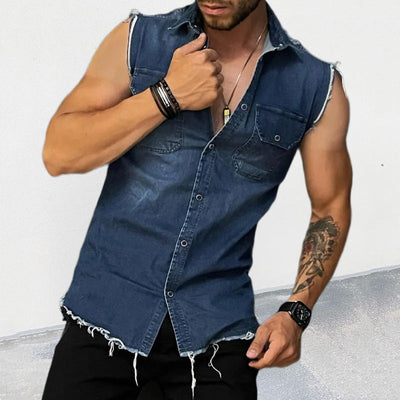 Men's Vine Washed Raw Edge Lapel Sleeveless DeniShirt