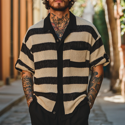 Malcolm | Men'S Striped Knitted Three-Quarter Sleeve Shirt