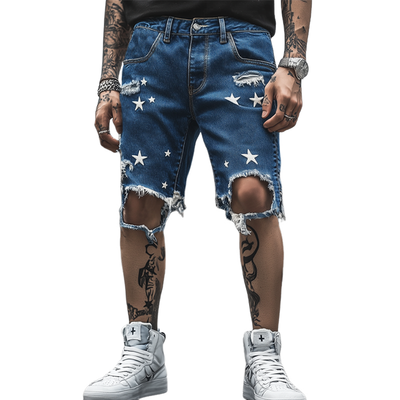 Guillermo | Men'S Summer Fashion Star Printed Ripped Denim Shorts