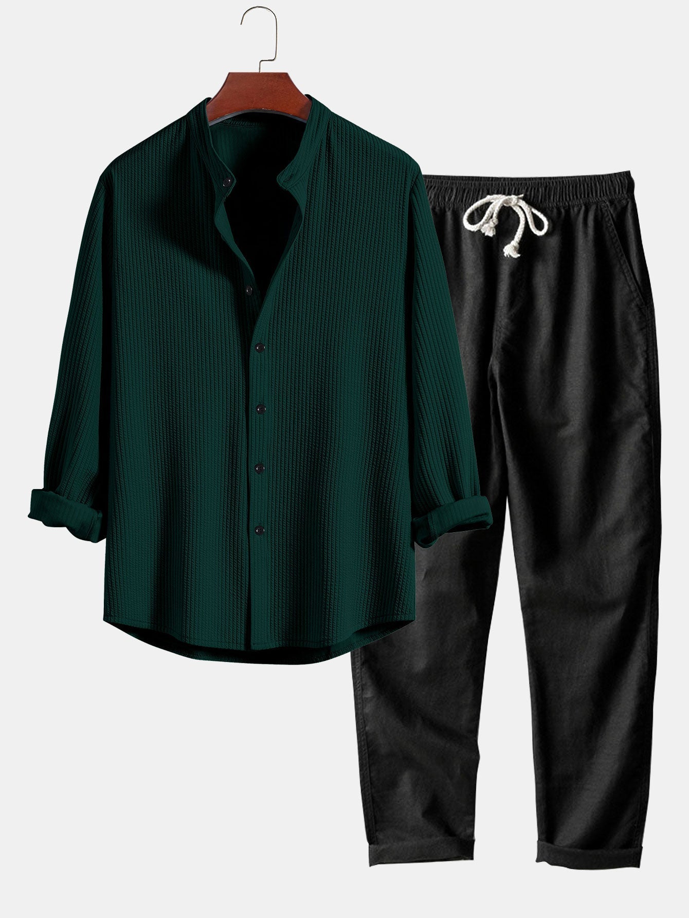 Joris® | Ribbed Muscle Fit Long Sleeve Shirt With Mandar Collar & Straight Leg Linen Trousers