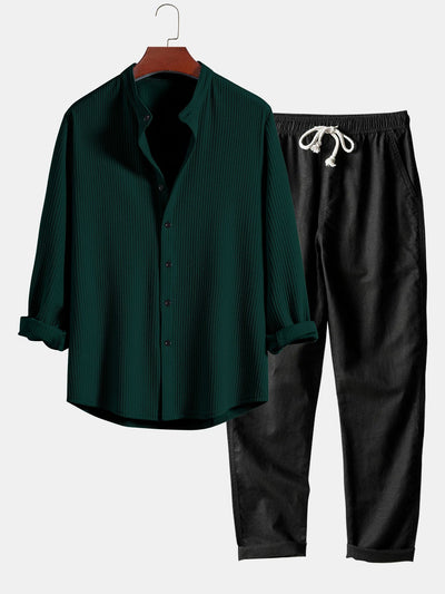 Joris® | Ribbed Muscle Fit Long Sleeve Shirt With Mandar Collar & Straight Leg Linen Trousers