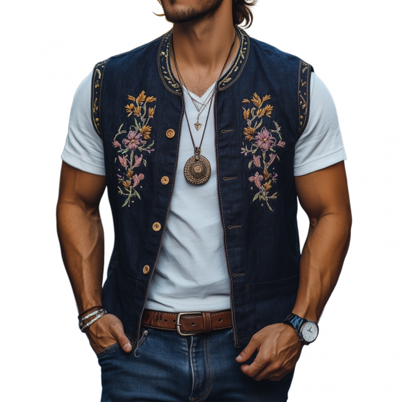 Devin | Men'S Casual Cotton Linen Stand Collar Single-Breasted Retro Flower Embroidered Slim Vest