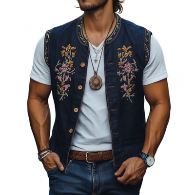 Devin | Men'S Casual Cotton Linen Stand Collar Single-Breasted Retro Flower Embroidered Slim Vest