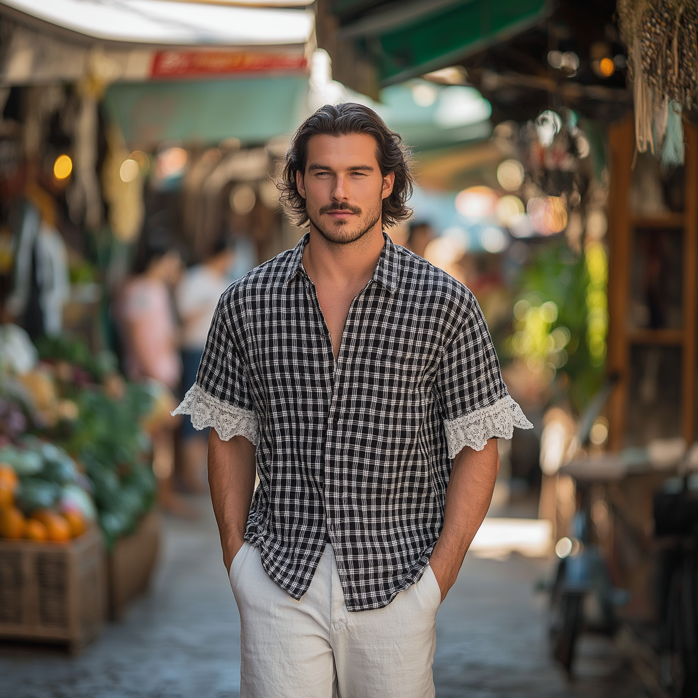 Luther | Men'S Summer Fashion Lace Patchwork Plaid Short Sleeve Shirt