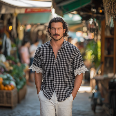 Luther | Men'S Summer Fashion Lace Patchwork Plaid Short Sleeve Shirt