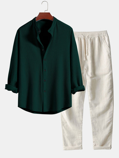Joris® | Ribbed Muscle Fit Long Sleeve Shirt With Mandar Collar & Straight Leg Linen Trousers
