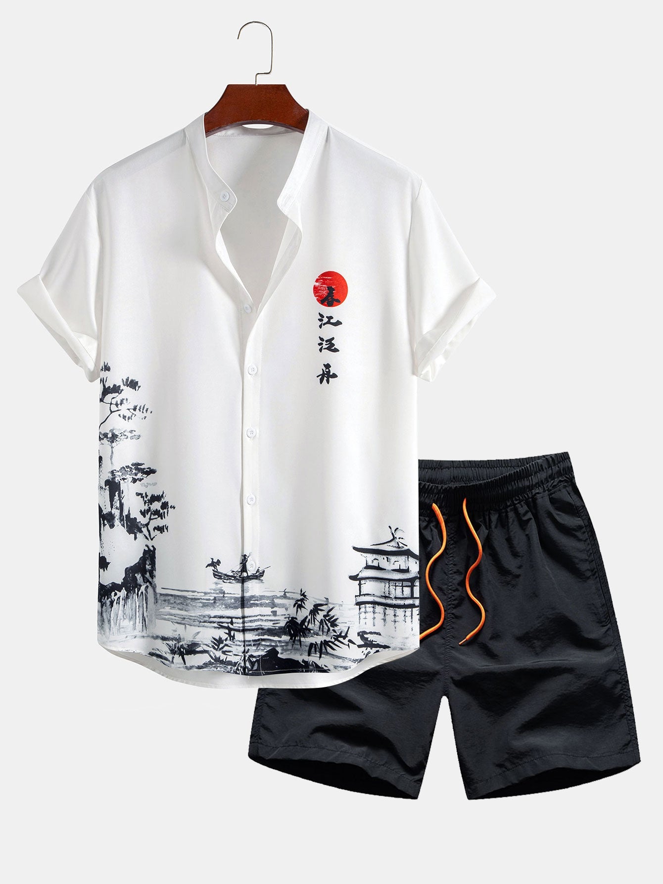 Faustino® | Ink Landscape Painting Stand Collar Shirt & Man Mid Length Drawstring Swim Shorts
