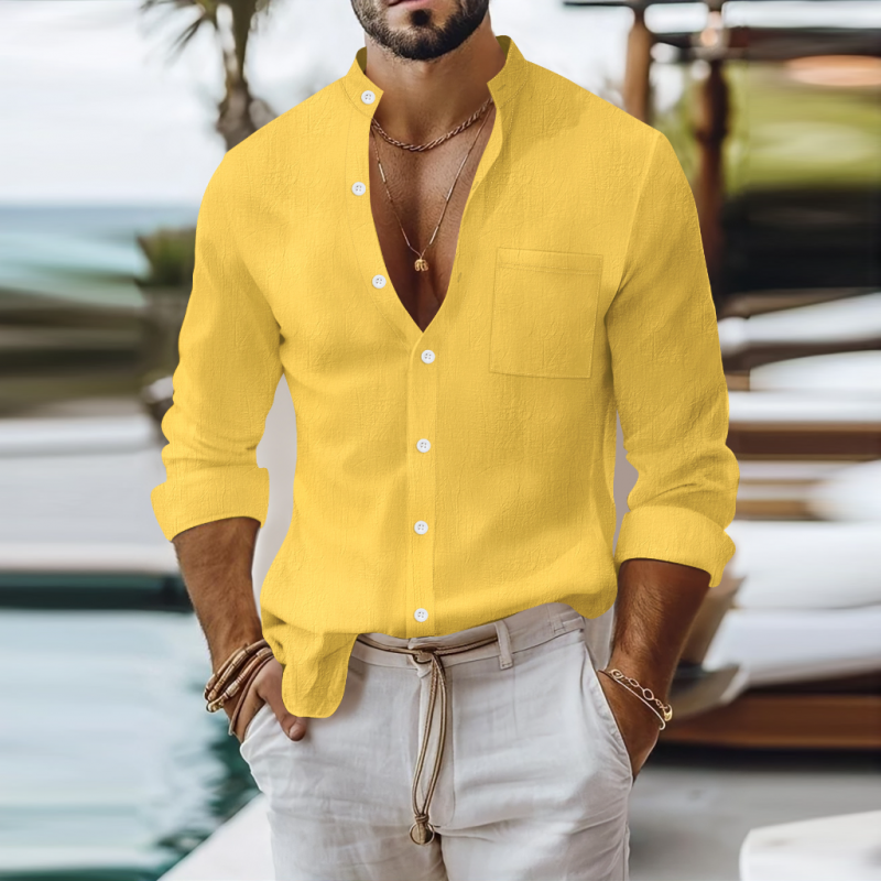 Rufus | Men'S Casual Breathable Solid Color Cotton Linen Stand-Up Collar Patch Pocket Slim Fit Long Sleeve Shirt