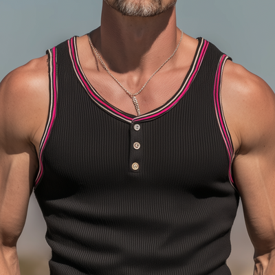 Wallace | Men'S Spring And Summer Fashion Casual Striped Knitted Splicing Colored Ribbon Slim Fit Henley Collar Tank Top