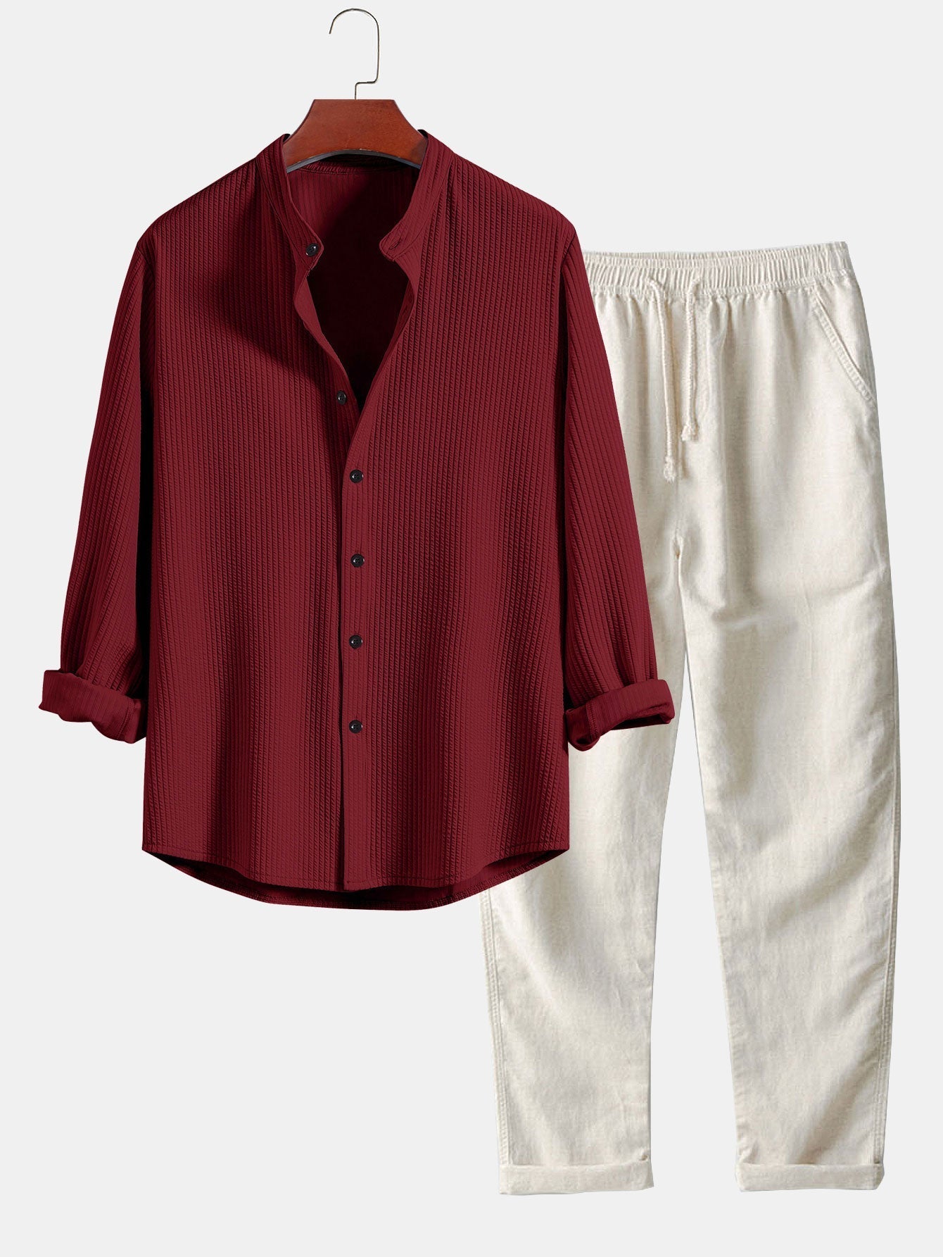 Joris® | Ribbed Muscle Fit Long Sleeve Shirt With Mandar Collar & Straight Leg Linen Trousers